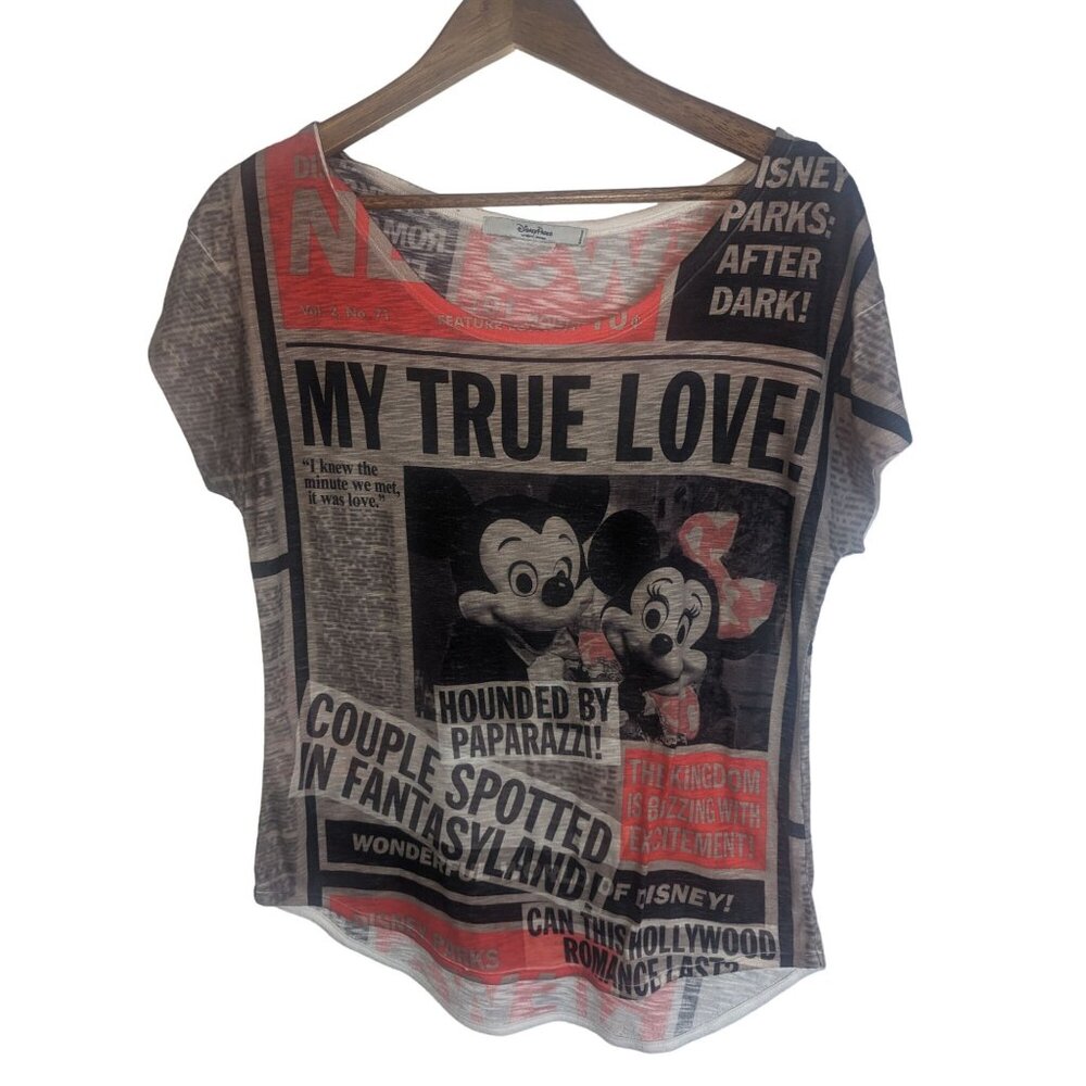 Disney Parks Mickey & Minnie "My True Love" Newsprint Look Semi-Sheer Tee Sz M